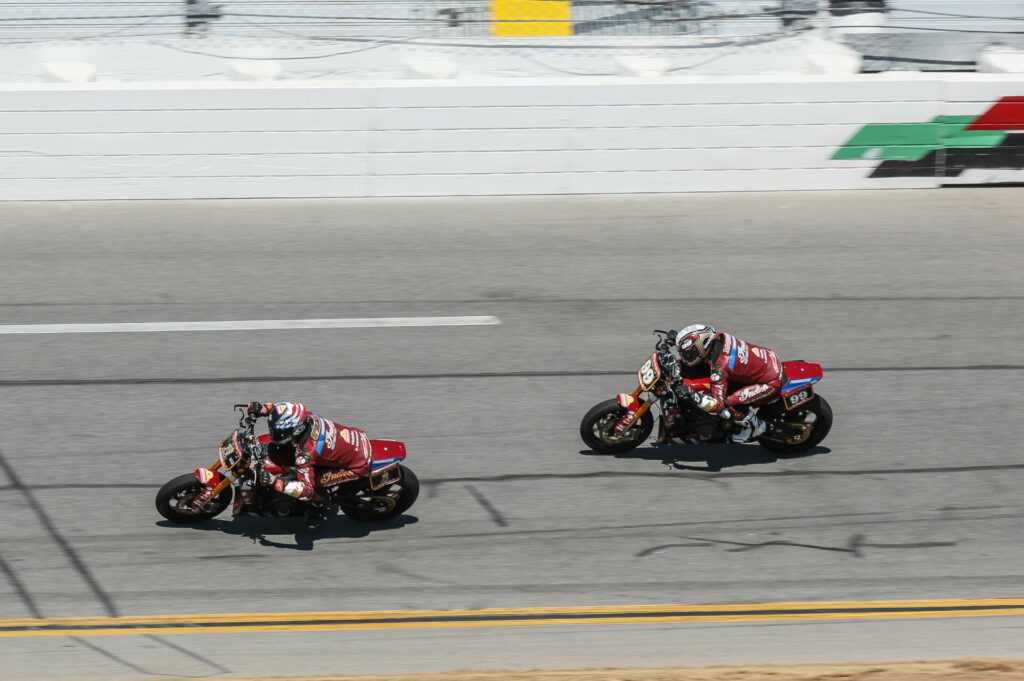 Tyler O'Hara (1) leads his teammate Jeremy McWilliams (99) on the Daytona tri-oval in the Mission Super Hooligan National Championship race. O'Hara won with McWilliams finishing second. Photo By Brian J. Nelson, courtesy MotoAmerica.