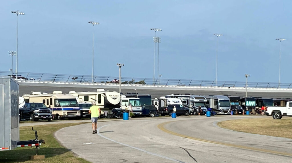 The RV camping spots along the inside of NASCAR Turns One and Two are all full. Photo by David Swarts.
