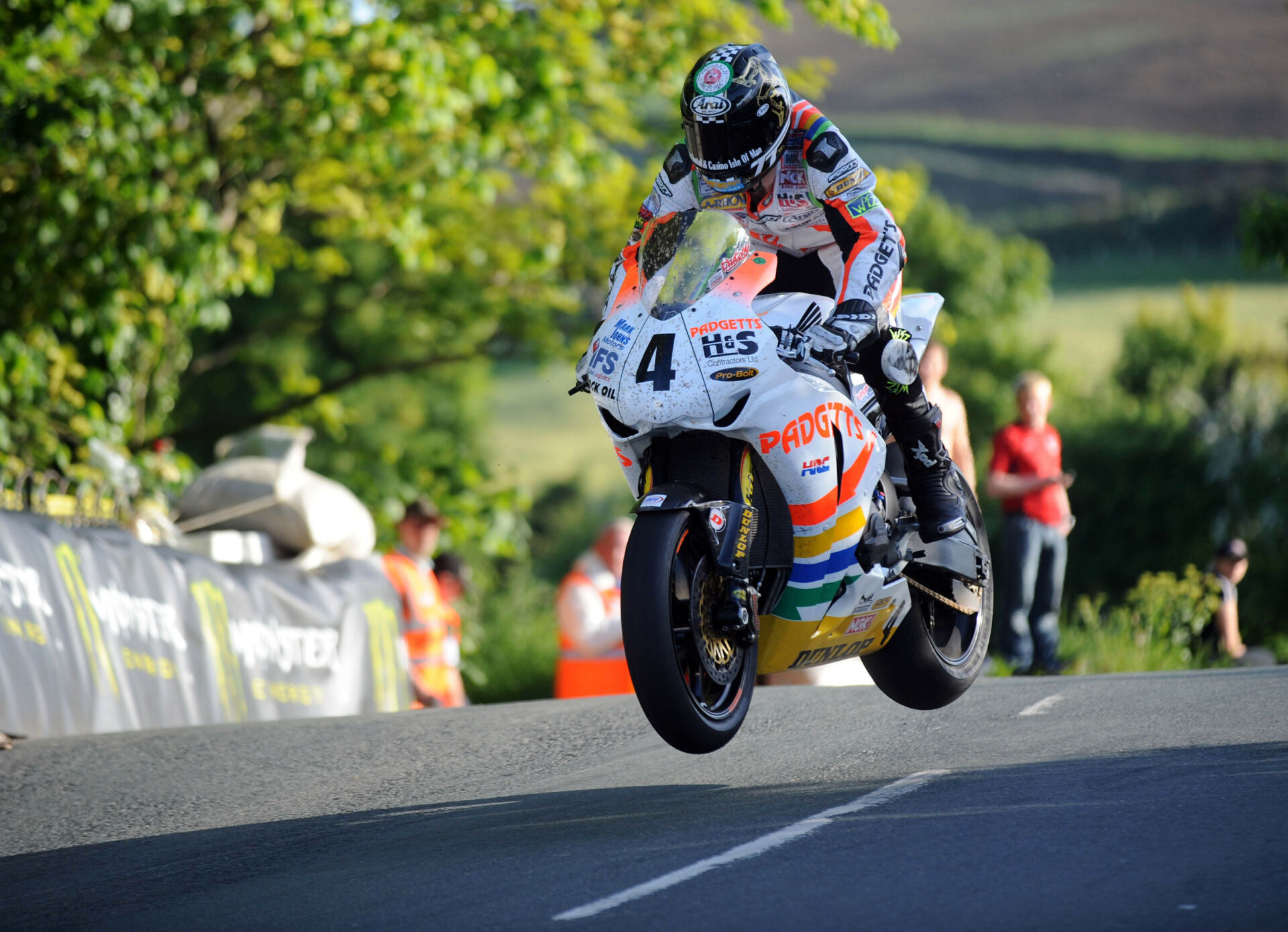 Ian Hutchinson (4) in action during the 2010 Isle of Man TT, when he won five races - a record still unmatched to this day. Photo courtesy Isle of Man TT Press Office.