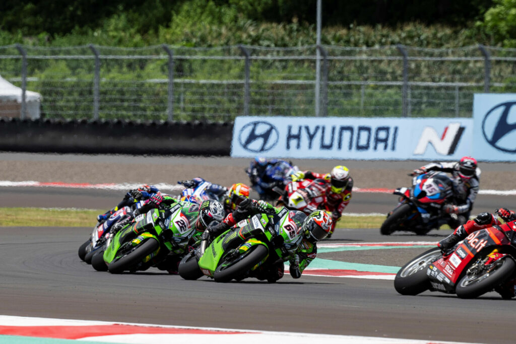 Jonathan Rea's (65) nightmare weekend ended with a crash in Race Two. Photo courtesy Dorna.