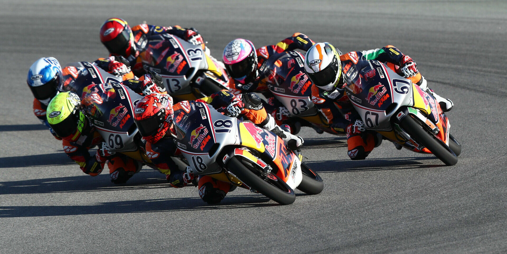 Angel Piqueras (18) leads Red Bull MotoGP Rookies Cup Race Two. Photo courtesy Red Bull.