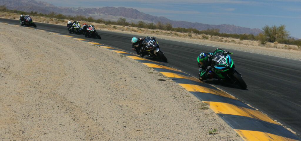 Kreece Elliott (49) leads Owen Williams (13), Jesse James Shedden (99), Jayden Fernandez (131), and Jasmine Nichols (825) during the Formula Ultra Lightweight Shootout. Photo by CaliPhotography.com, courtesy CVMA.