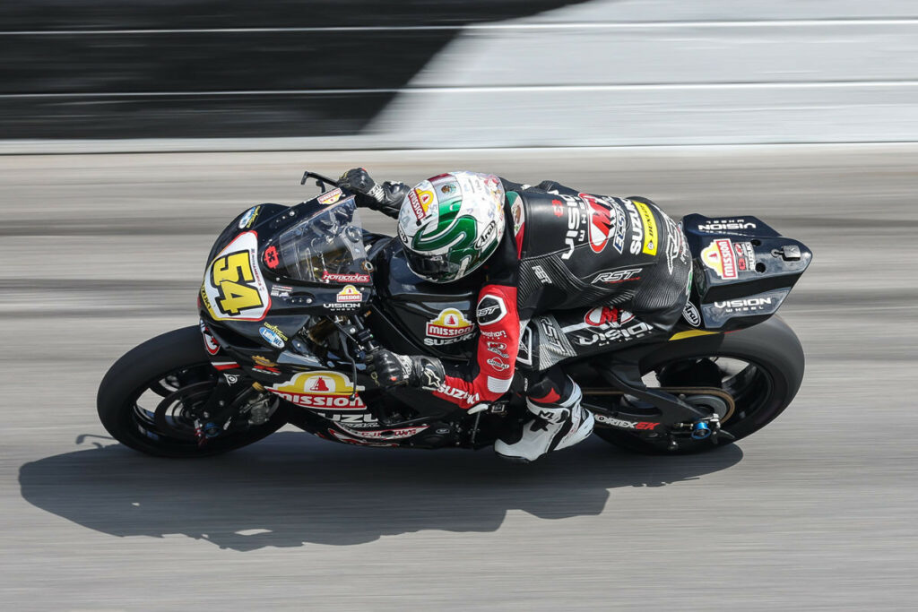 Richie Escalante (54) showed his great race craft but an incident in Turn One took him out of contention. Photo courtesy Suzuki Motor USA, LLC.