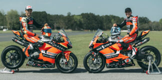 Xavi Fores (left) and Josh Herrin (right) and their Ducati Panigale V2 racebikes. Photo courtesy Ducati.