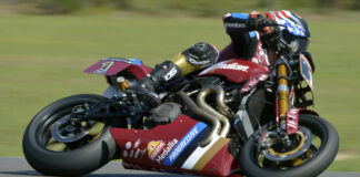 Defending Champion Tyler O'Hara (1) on his Indian FTR 1200 Super Hooligan racebike. Photo by Lisa Theobald.