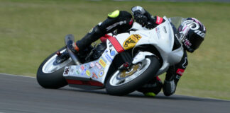 Defending Daytona 200 Champion Brandon Paasch (96) testing his TOBC Racing Triumph at Roebling Road Raceway. Photo by Lisa Theobald.