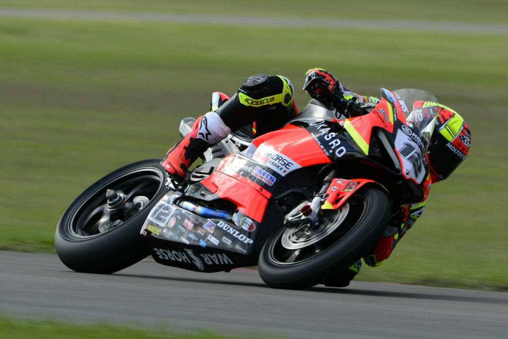 Xavi Fores (12) at speed on his Warhorse HSBK Racing Ducati New York Panigale V2. Photo by Lisa Theobald.