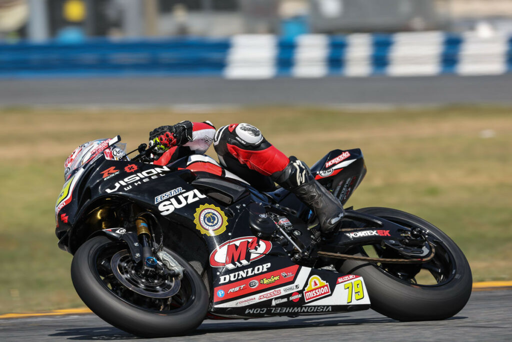 In his first race aboard his GSX-R750, Teagg Hobbs (79) brings home a top ten in Daytona. Photo courtesy Suzuki Motor USA, LLC.