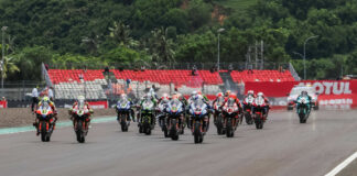 The start of World Superbike Race One at Mandalika International Street Circuit. Photo courtesy Dorna.