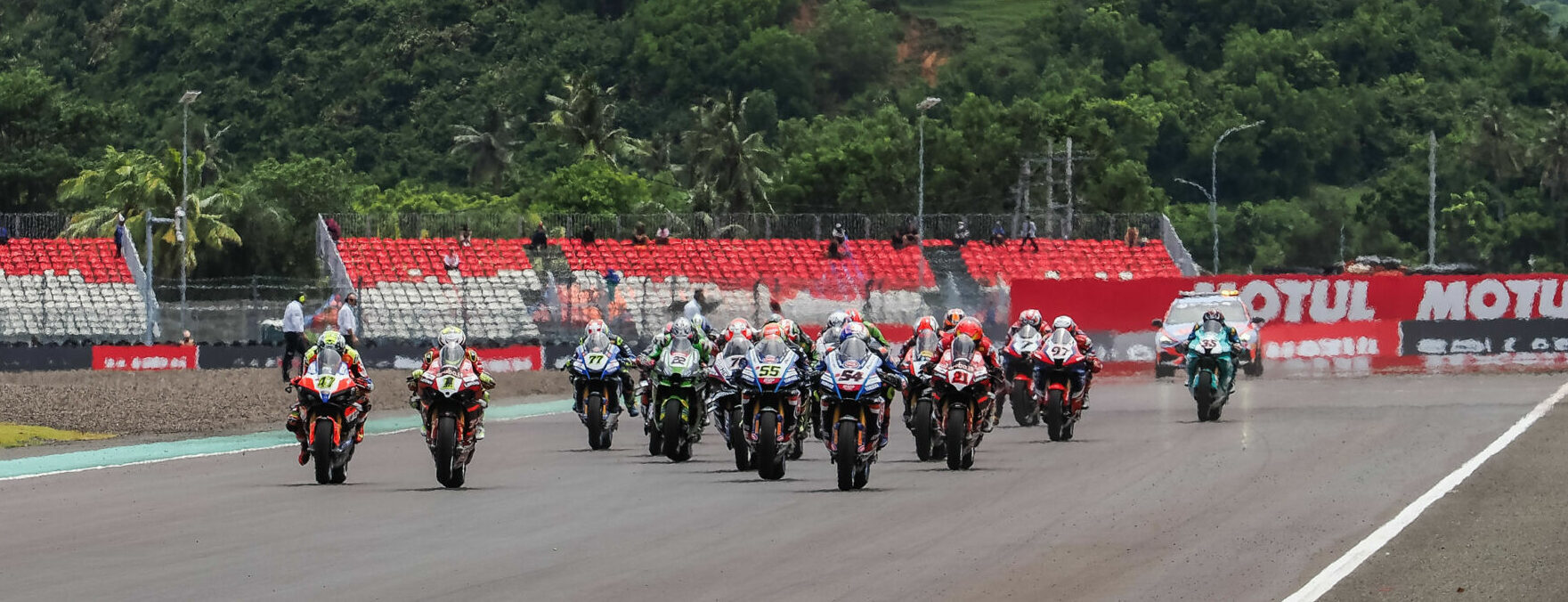 The start of World Superbike Race One at Mandalika International Street Circuit. Photo courtesy Dorna.