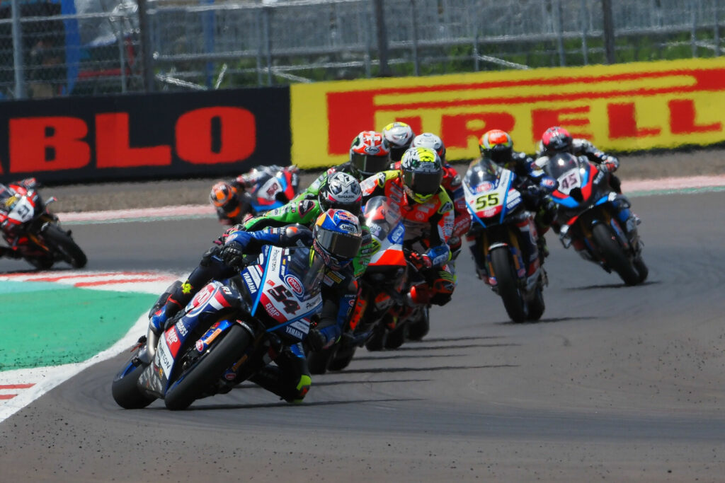 Toprak Razgatlioglu (54) leading a pack of riders during Race Two. Photo courtesy Dorna.