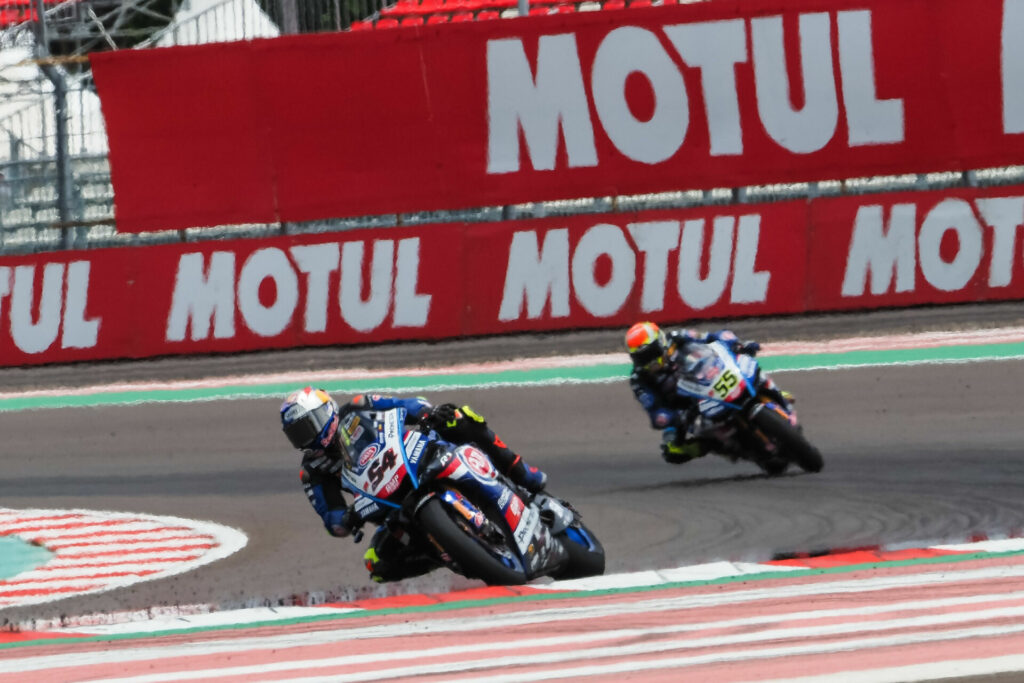 Toprak Razgatlioglu (54) leads teammate Andrea Locatelli (55) in Race One. Photo courtesy Dorna.