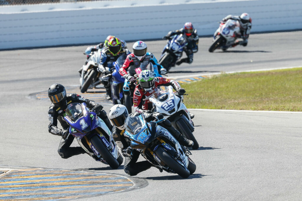 Stefano Mesa (137) leads the REV'IT! Twins Cup class through the chicane at Daytona International Speedway en route to victory. Blake Davis (1) and Dominic Doyle (25) give chase. Photo By Brian J. Nelson, courtesy MotoAmerica.