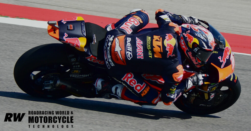 Pedro Acosta (37) took the lead on the second lap and was never headed as he pulled away from Aron Canet for a clean win in the Moto2 race in Portugal. Photo by Michael Gougis.