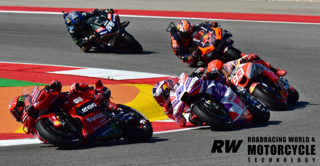 Francesco Bagnaia (1) snatched the Sprint Race win from Jorge Martin (89) on the last lap. Miguel Oliveira (88) tried to pass Jack Miller in Turn One and both ran wide, allowing Marc Marquez (93) to slice through for the final podium spot. Photo by Michael Gougis.