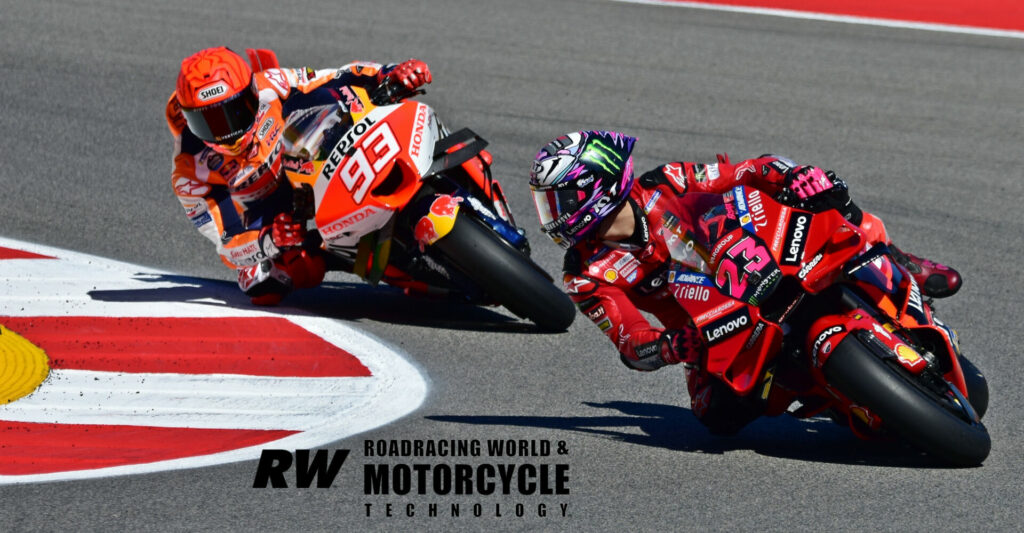 Marc Marquez (93) battled his way through the first qualifying session, tucked in behind Enea Bastianini (23) in the second qualifying session and took pole, smashing the lap record. Photo by Michael Gougis.