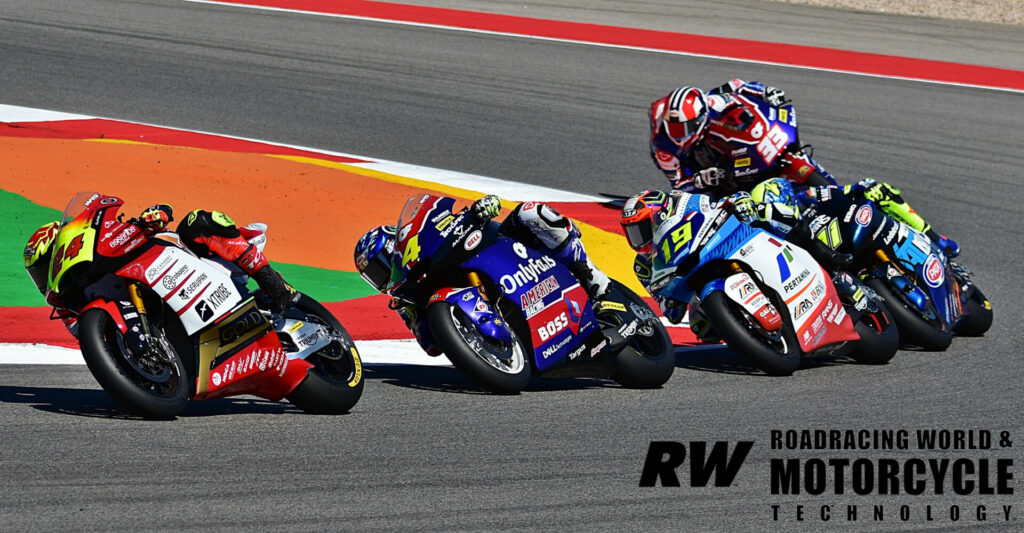 Americans Joe Roberts (16) and Sean Dylan Kelly (4) both battled throughout the Moto2 race in Portugal, with Roberts finishing 14th and Kelly 20th. Photos by Michael Gougis.