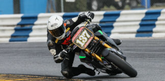 Stefano Mesa (137) on his Energica EVA Ribelle RS during a MotoAmerica Mission Super Hooligan race at Daytona. Photo courtesy Energica USA.