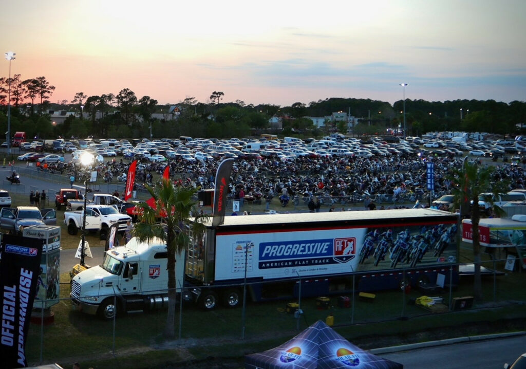 Another view of the motorcycle parking area Thursday night at the American Flat Track (AFT) Daytona Short Track I at Daytona International Speedway. 