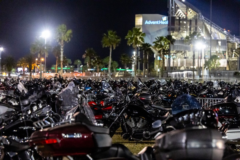 Another view of the motorcycle parking area Thursday night at the American Flat Track (AFT) Daytona Short Track I at Daytona International Speedway. 