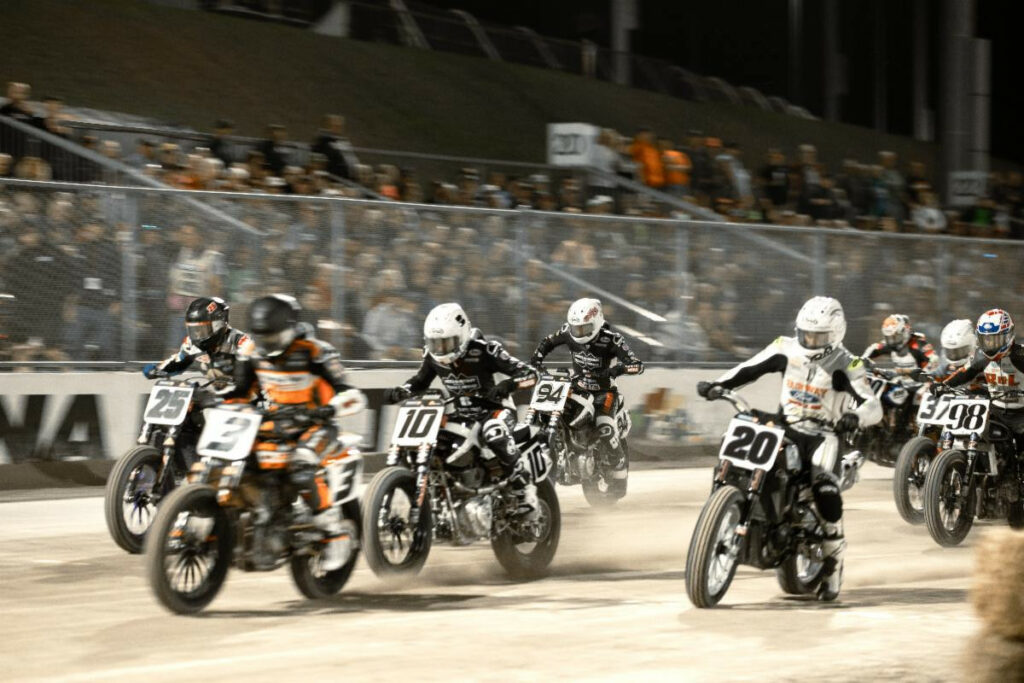 MotoAnatomy's Johnny Lewis (10) and Ryan Wells (94) put two Royal Enfield motorcycles on the starting line of an American Flat Track SuperTwins race, a milestone for the brand at the Daytona Short Track. Photo courtesy Royal Enfield North America.