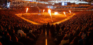 The Detroit Supercross kept race fans on their feet with a 450SX Class Main Event filled with multiple surprises and passes, as well as a dramatic late-race crash. Photo courtesy Feld Motor Sports, Inc.