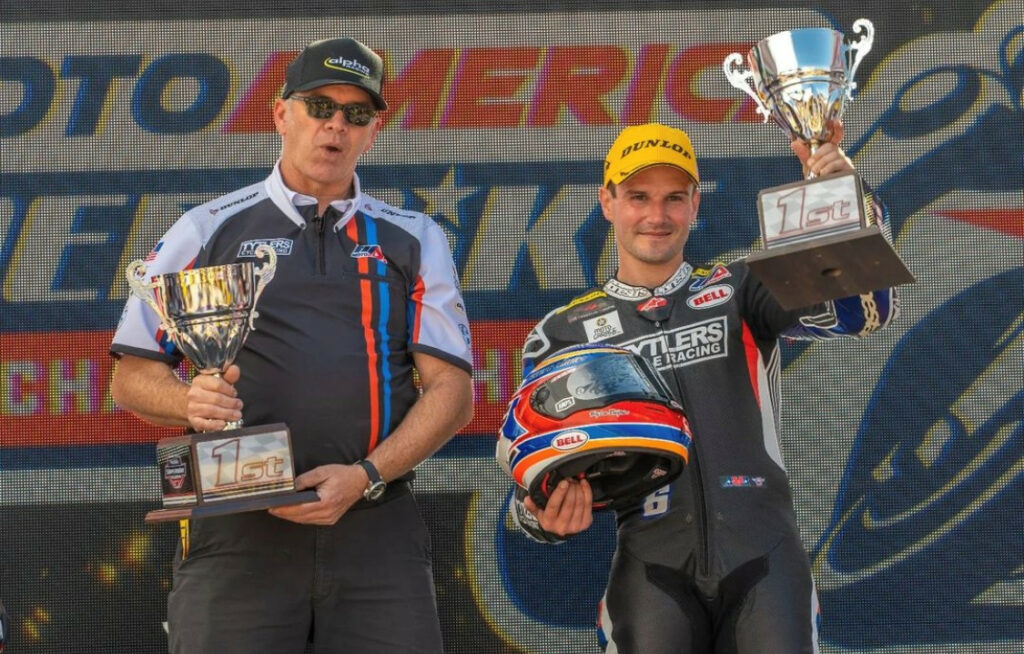 Cameron Beaubier (right) with Crew Chief/Team Manager Dave Weaver (left) on top of the podium at Road Atlanta. Photo courtesy Tytlers Cycle Racing.