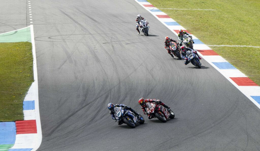 Remy Gardner (87) leads a group of riders at Assen. Photo courtesy GYTR GRT Yamaha.