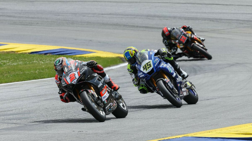 Josh Herrin (2) battled and beat Cameron Petersen (45) and Mathew Scholtz (11) to finish third in his first race on the Ducati Panigale V4 R. Photo by Brian J. Nelson.