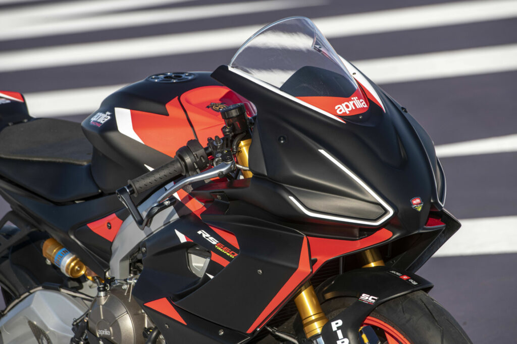 The race-ready, limited-edition Aprilia RS 660 Trofeo is shod in fiberglass race bodywork that helps reduce its weight to just 337 pounds and even comes with a front brake lever guard. Photo courtesy Aprilia.