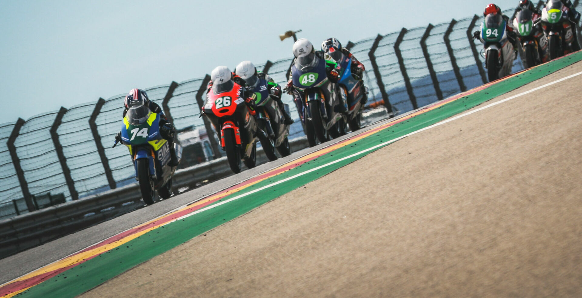 American Kensei Matsudaira (74) leading a RFME ESBK Moto4 race at Motorland Aragon, in Spain. Photo by Benaisa Photography, courtesy Evike.com.