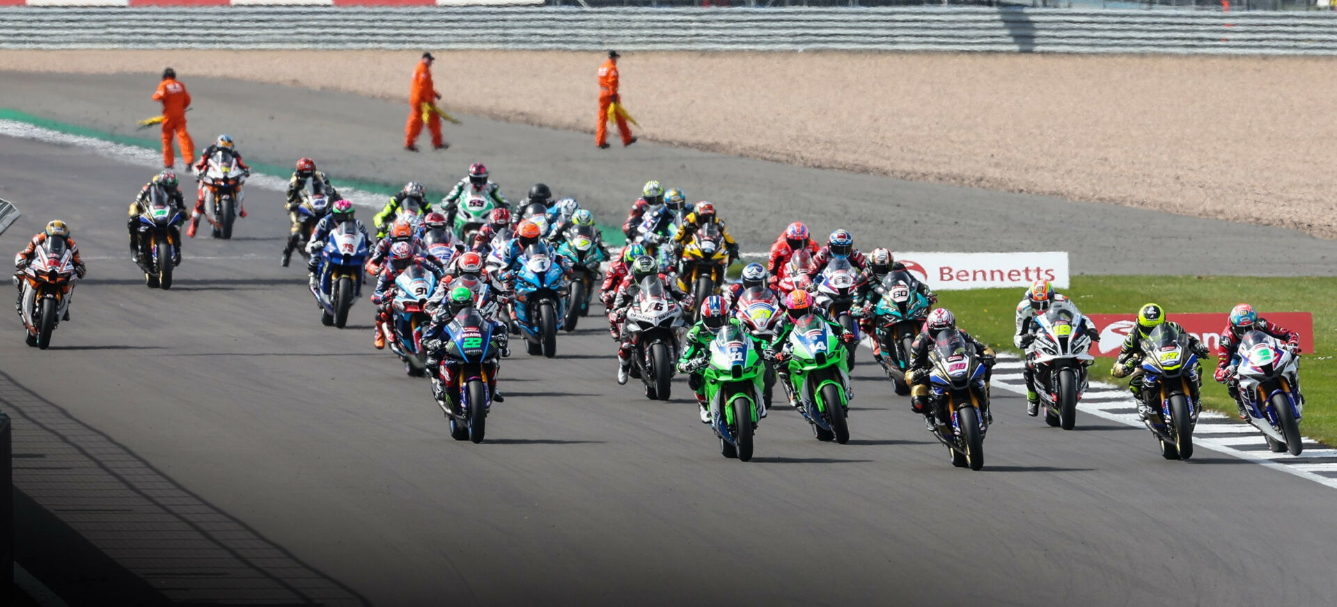 The start of a British Superbike race at Silverstone during the 2022 season. Photo courtesy MSVR.