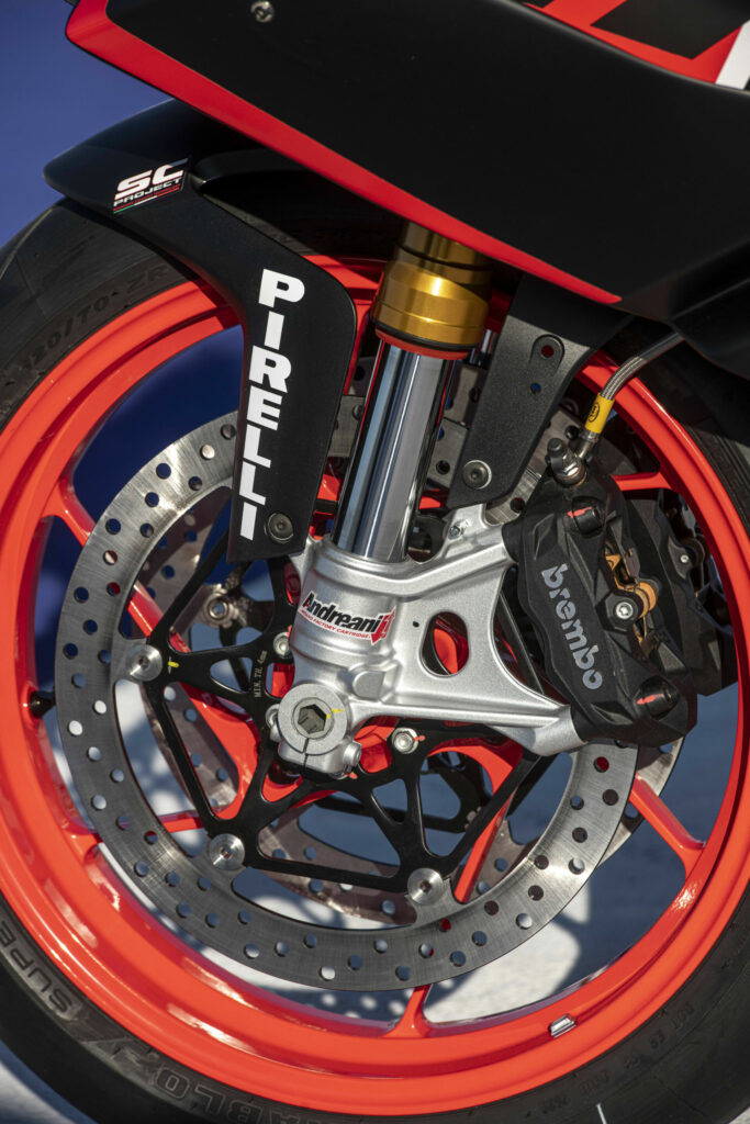 The Aprilia RS 660 Trofeo's front forks are upgraded with Misano by Andreani cartridges. Photo courtesy Aprilia. 