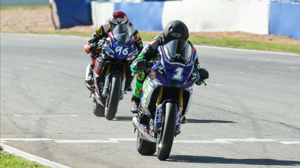 Defending REV'IT! Twins Cup Champion Blake Davis (1) won his first race of the season with a victory over Gus Rodio (96) at Road Atlanta. Photo by Brian J. Nelson.