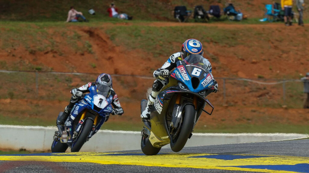 Cameron Beaubier (6) passed Jake Gagne (1) on the seventh lap and went on to win his first MotoAmerica race since 2020 in what was his comeback ride in the series after spending two years in the Moto2 World Championship. Photo by Brian J. Nelson.