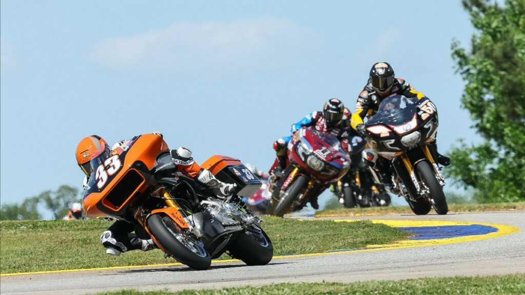 Kyle Wyman (33) leads Bobby Fong (50) and Tyler O'Hara (1) on the opening lap of the Mission King Of The Baggers race at Road Atlanta on Saturday. Wyman earned the victory. Photo. by Brian J. Nelson.