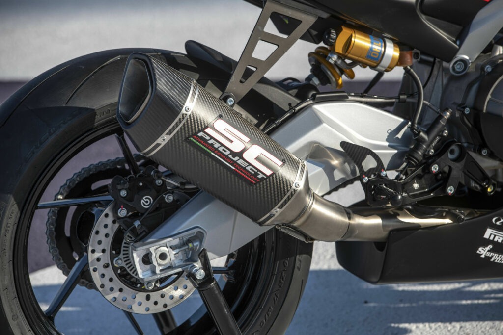 The Aprilia RS 660 Trofeo comes with an Öhlins AP948 remote reservoir shock and an SC-Project exhaust system that helps boost horsepower to 105. Photo courtesy Aprilia.
