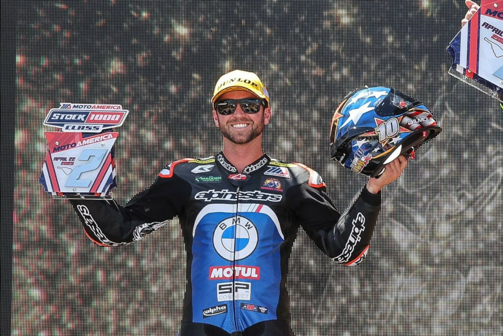 Travis Wyman on the MotoAmerica podium after scoring a second place finish in Saturday's Stock 1000 race at Road Atlanta. Photo credit: Brian J. Nelson.