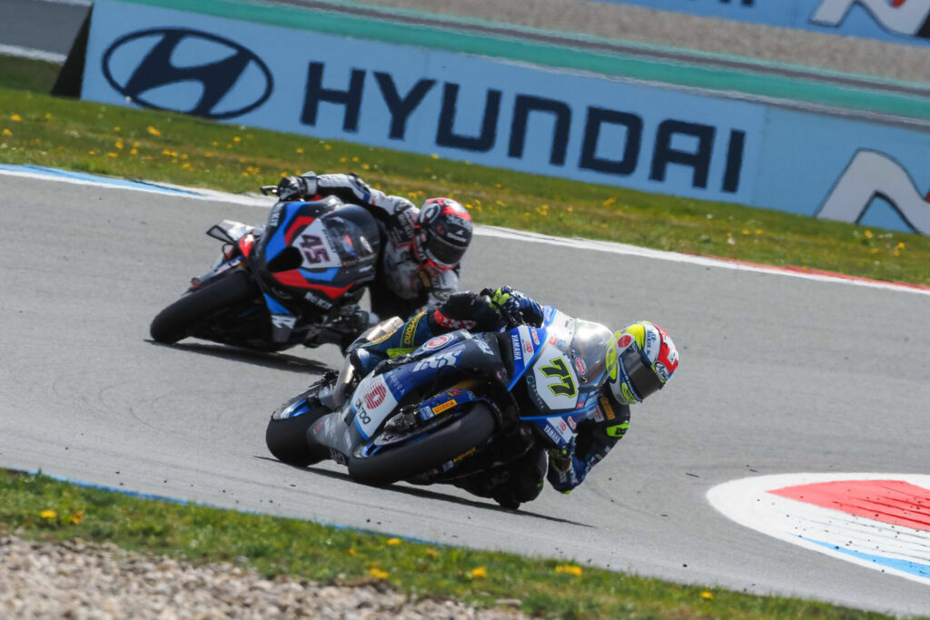 Dominique Aegerter (77) leads Scott Redding (45) at Assen. Photo courtesy Dorna.