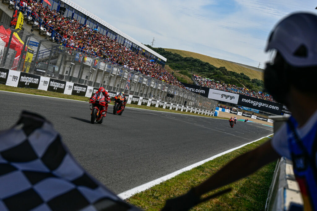 Francesco Bagnaia (1) held off Brad Binder (33) to win Sunday at Jerez. Photo courtesy Dorna.