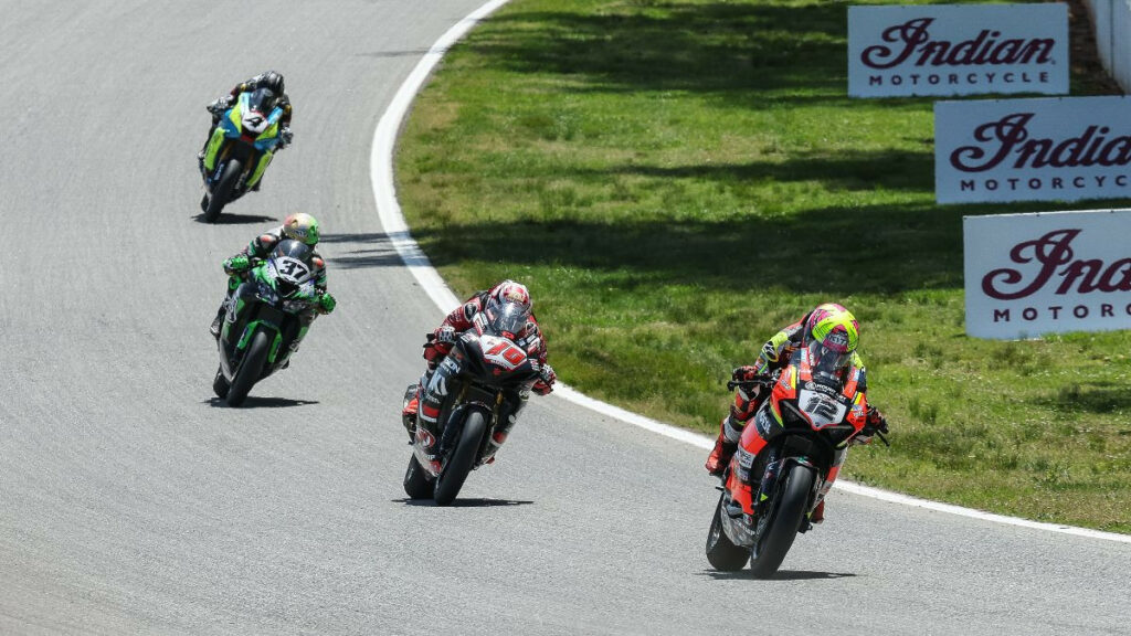 Xavi Fores (12) won the Supersport race on Saturday at Road Atlanta and then he won it again on Sunday. Here he leads Tyler Scott (70), Stefano Mesa (37) and Josh Hayes (4). Photo by Brian J. Nelson.