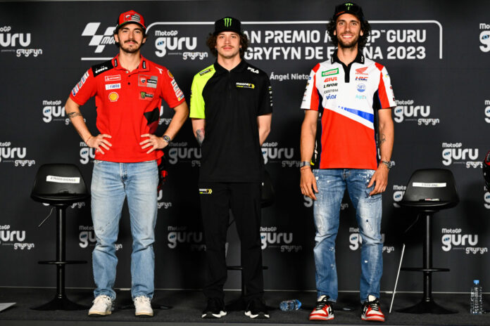 Marco Bezzecchi (center), Francesco Bagnaia (left), and Alex Rins (right) were just three of the riders who attended the MotoGP pre-event press conference at Jerez. Photo courtesy Dorna.