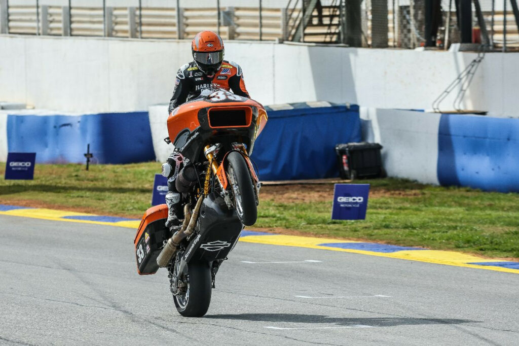 Kyle Wyman (33) celebrates his Mission King Of The Baggers victory on Sunday at Road Atlanta.Photo by Brian J. Nelson.