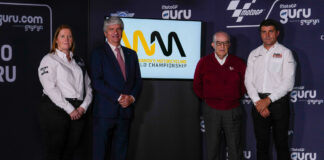 (From left) Françoise Emery, FIM CEO; Jorge Viegas, FIM President; Carmelo Ezpeleta, CEO of Dorna Sports; and Gregorio Lavilla, WorldSBK Executive Director. Photo courtesy Dorna.