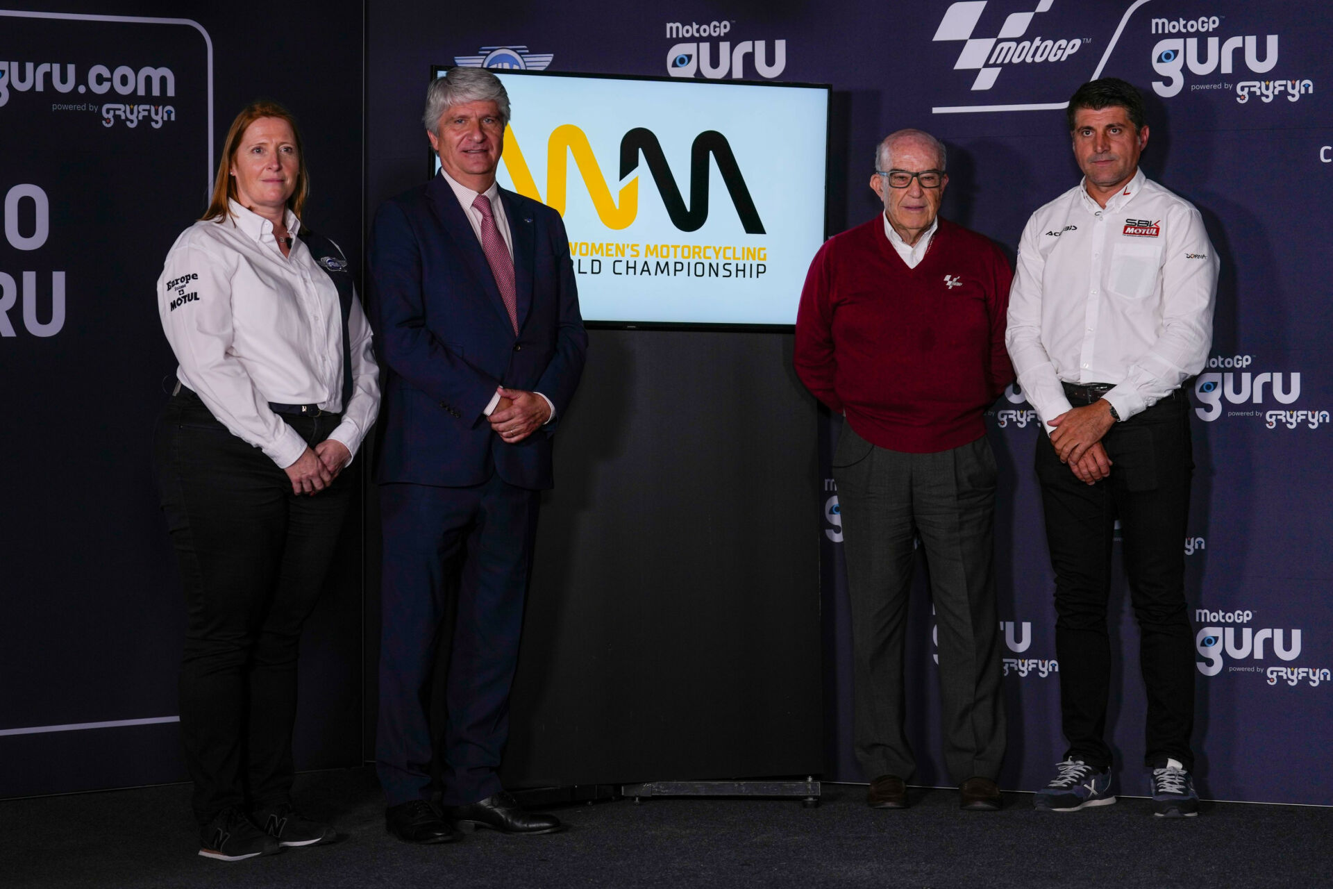 (From left) Françoise Emery, FIM CEO; Jorge Viegas, FIM President; Carmelo Ezpeleta, CEO of Dorna Sports; and Gregorio Lavilla, WorldSBK Executive Director. Photo courtesy Dorna.