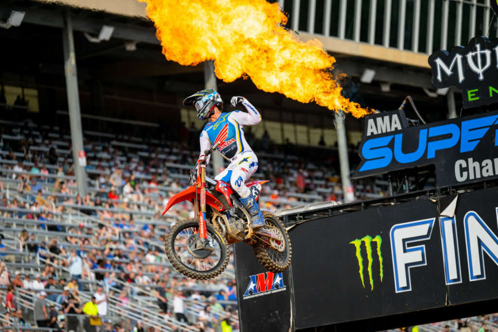 Chase Sexton earned his fourth career 450SX Class victory. With the win, the Honda rider pulled back into the championship points chase. Photo courtesy Feld Motor Sports, Inc. 