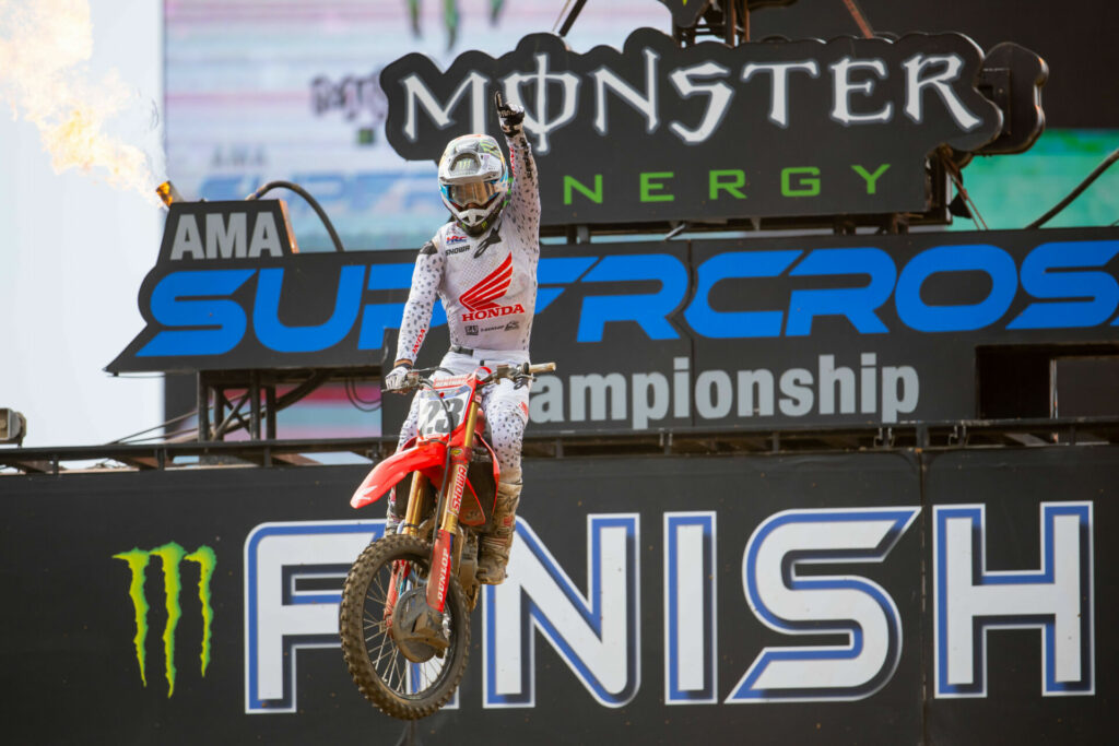 Chase Sexton's (23) Nashville Supercross win moved him into second place in the championship standings. Photo courtesy Feld Motor Sports, Inc.  