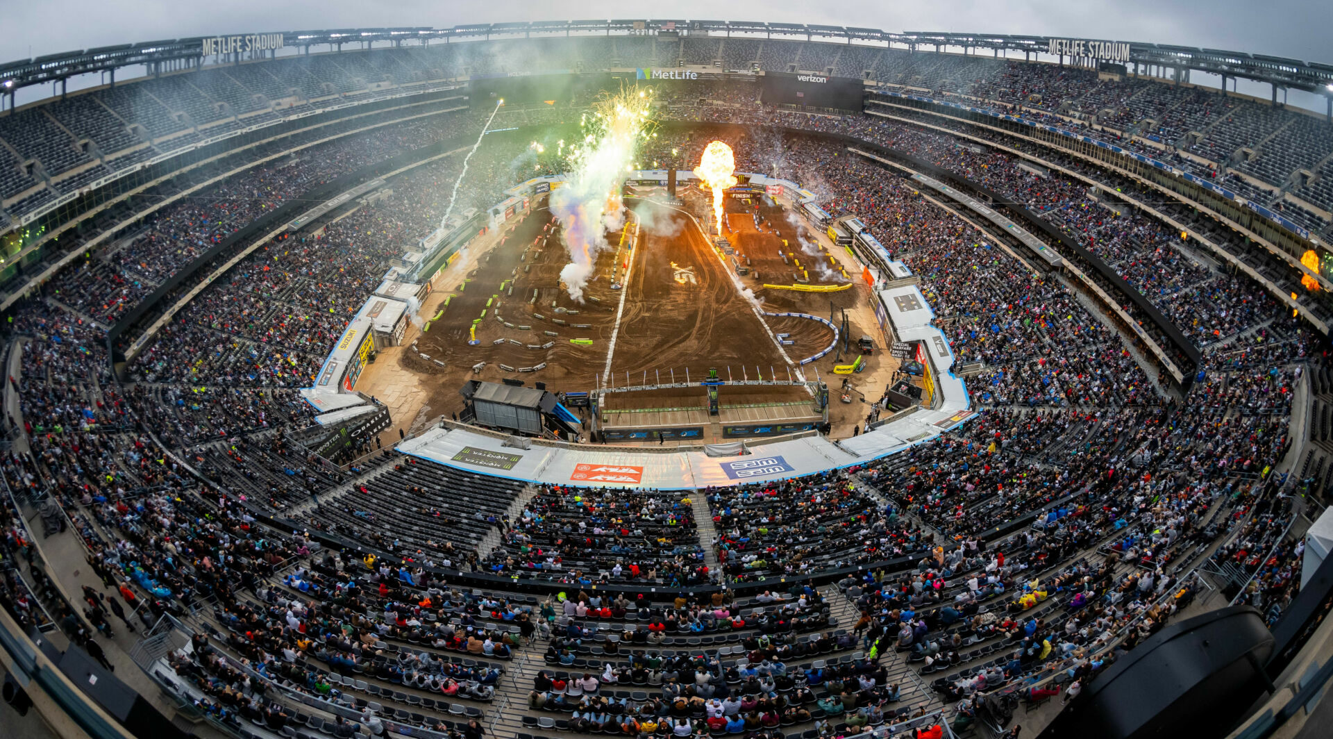 Fireworks and dry ground gave way to thunderclouds and thick mud at a thrilling mudder inside MetLife Stadium. Photo courtesy Feld Motor Sports, Inc.