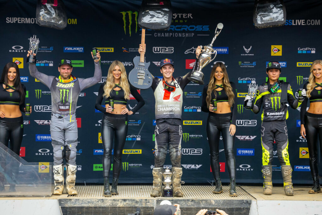 250SX Class podium (riders from left) Jordon Smith, Hunter Lawrence, and Jo Shimoda. Photo courtesy Feld Motor Sports, Inc.