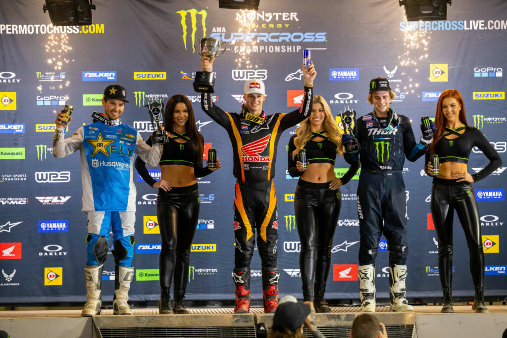 250SX Class podium (racers from left) RJ Hampshire, Jett Lawrence, and Levi Kitchen. Photo courtesy Feld Motor Sports, Inc.